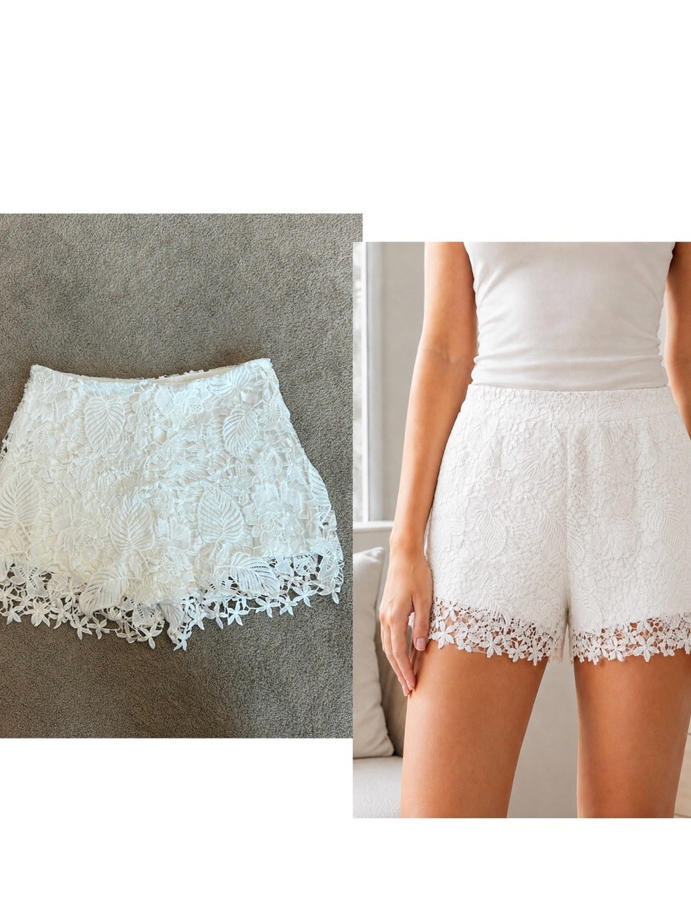 White Floral Crochet Lace Shorts Sz L Scalloped Hem Lined Feminine Summer Resort